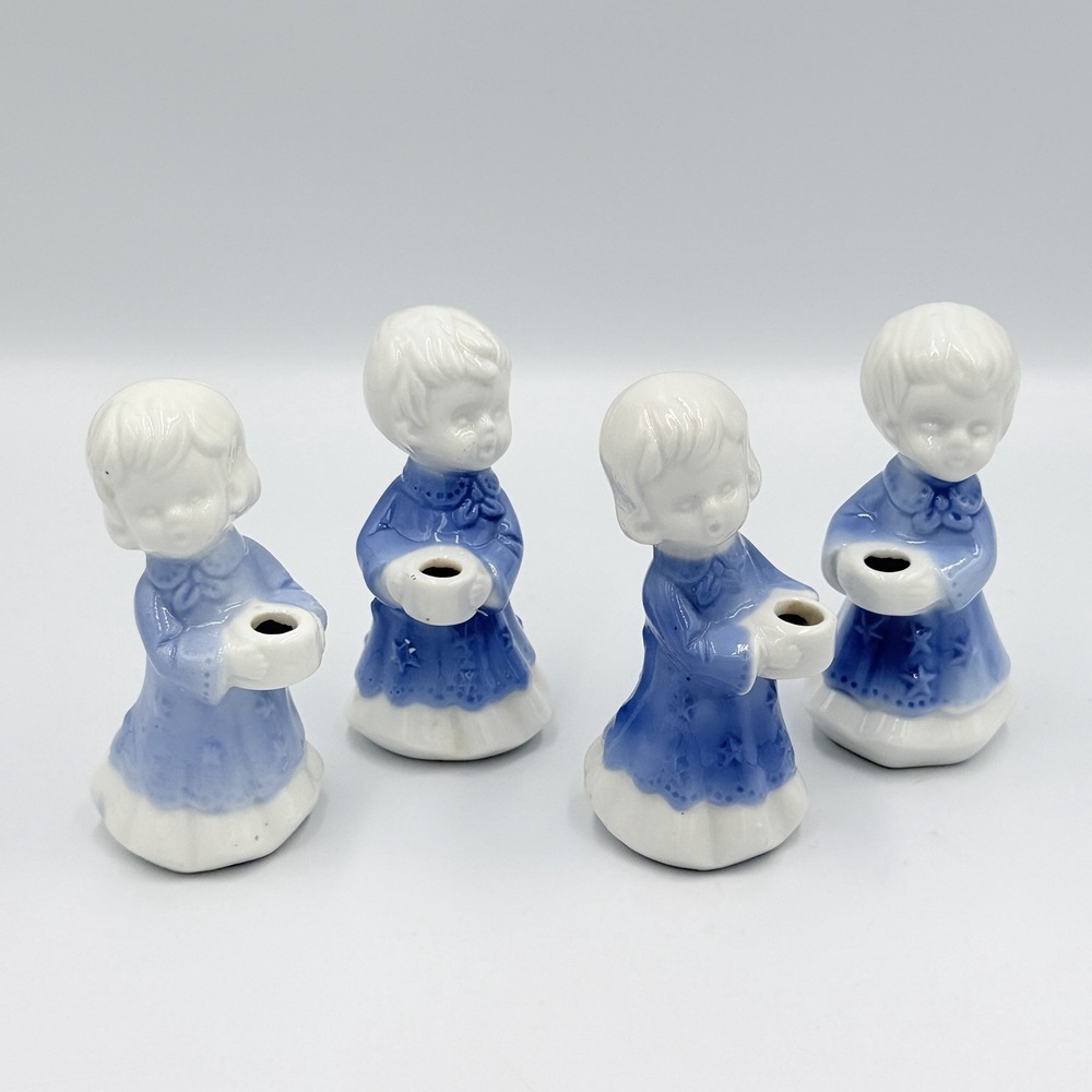 VTG Christmas Caroler Candle Holders Blue White Ceramic Figurines Set of 4